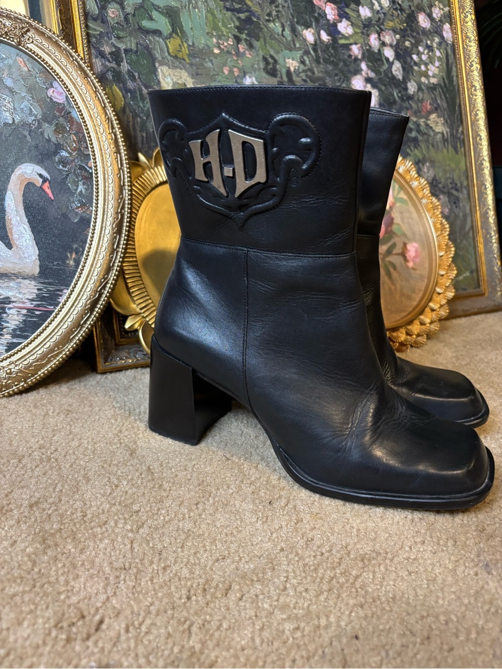 Black Leather Block Heel Ankle Boots with HD Crest